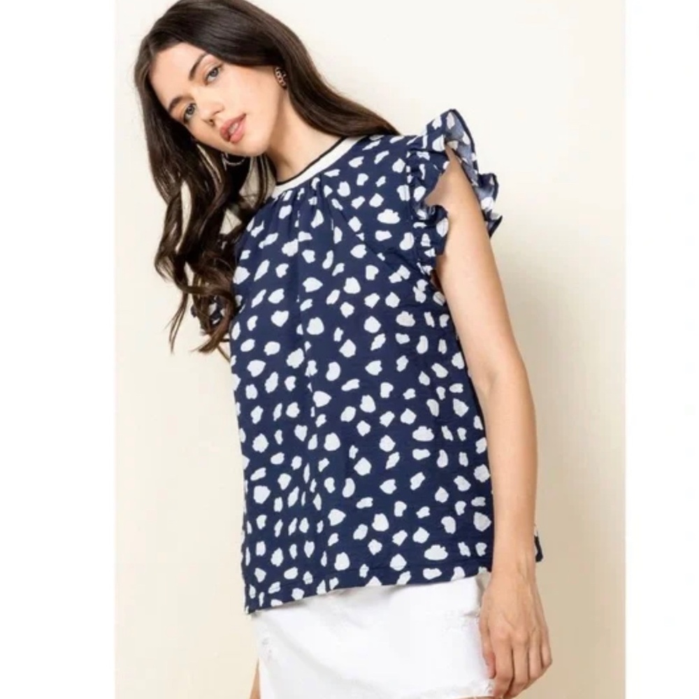Thml Cute Navy And White Top With Flutter Sleeves… - image 1